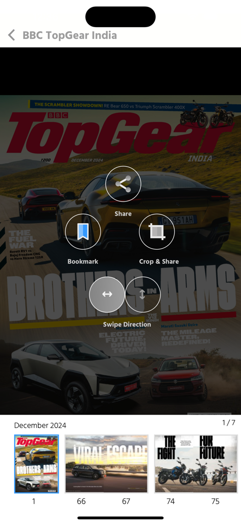 BBC TopGear India - A digital magazine reader interface for BBC TopGear India showing the December 2024 issue with navigation and sharing tools.