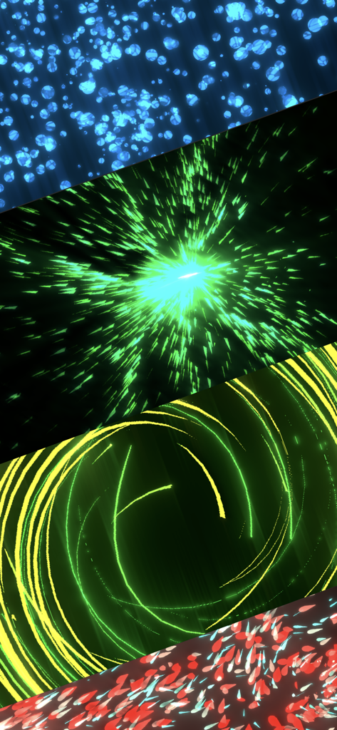 Particle Simulation - Flow Sim - Collage showing four different colorful abstract particle simulation styles