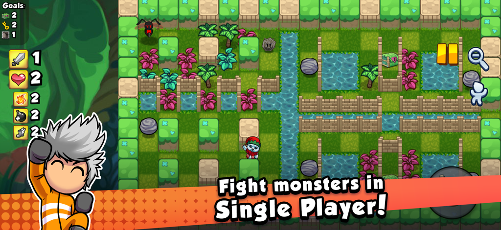 Bomber Friends! - Bomber Friends Einzelspieler-Gameplay, das einen Charakter zeigt, der durch ein Labyrinth navigiert, um Monster zu bekämpfen