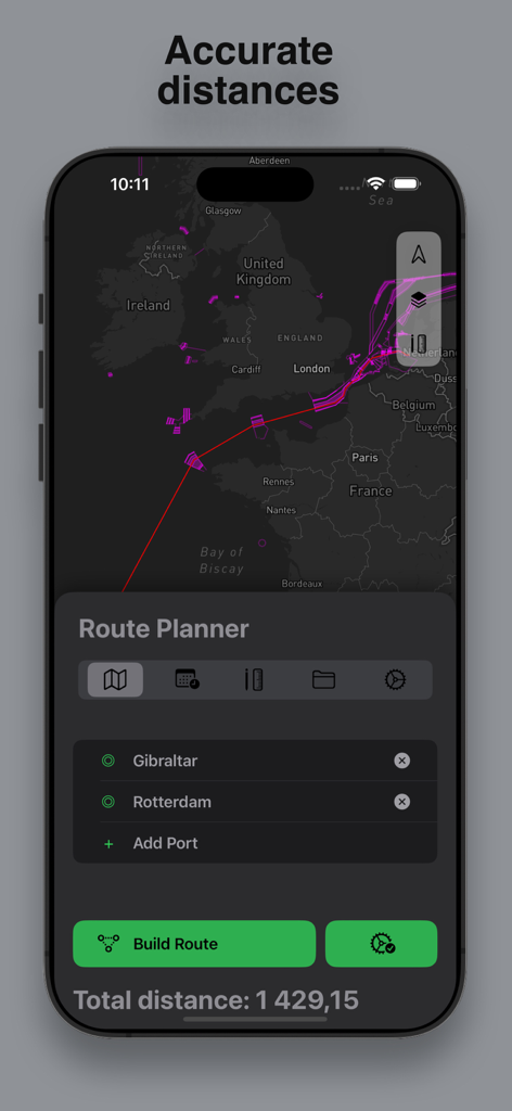 CVoyager - CVoyager maritime navigation app showing route planning between Gibraltar and Rotterdam with accurate distance calculation.