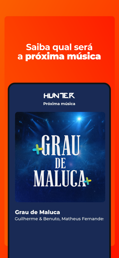 Tela do aplicativo de rádio Hunter FM mostrando a prévia da próxima música com a arte do álbum