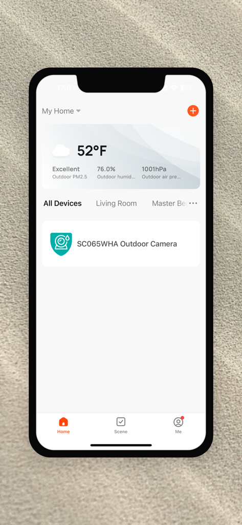 AURUMBACH SMART app home screen showing weather data and connected outdoor camera