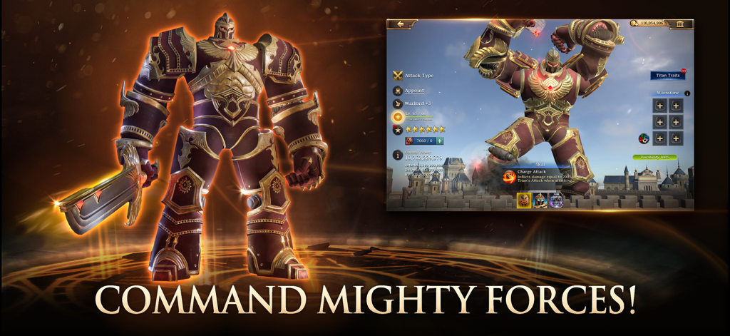Rise of Firstborn - A massive red and gold armored titan holding a sword in the Rise of Firstborn strategy game.