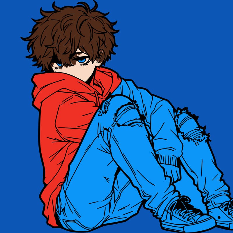a male hoddie ripped jeans messy hair anime