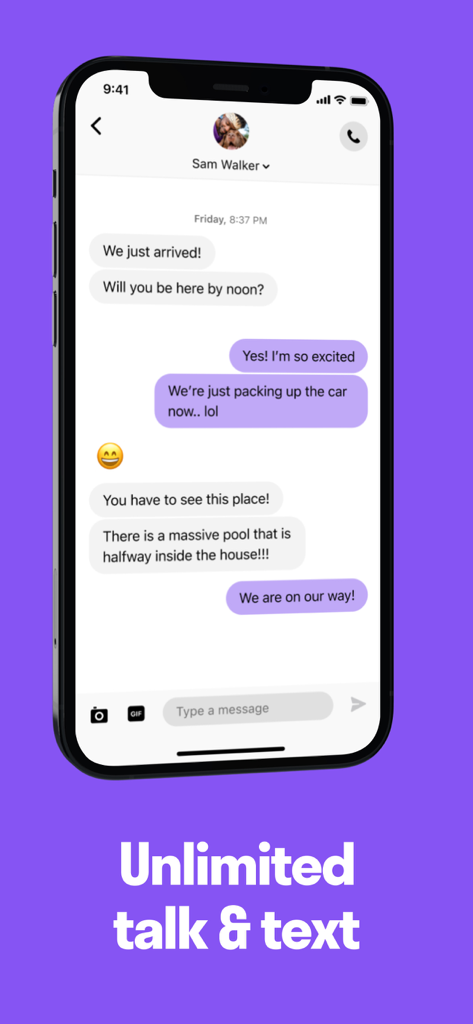 Smartphone displaying a text chat in the TextNow app with a purple background and text reading unlimited talk and text