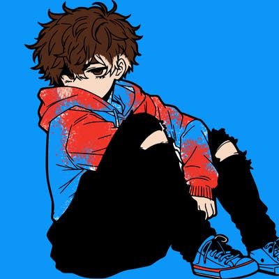 a male hoddie ripped jeans messy hair anime