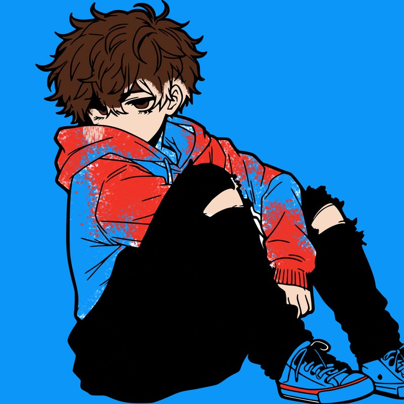 a male hoddie ripped jeans messy hair anime