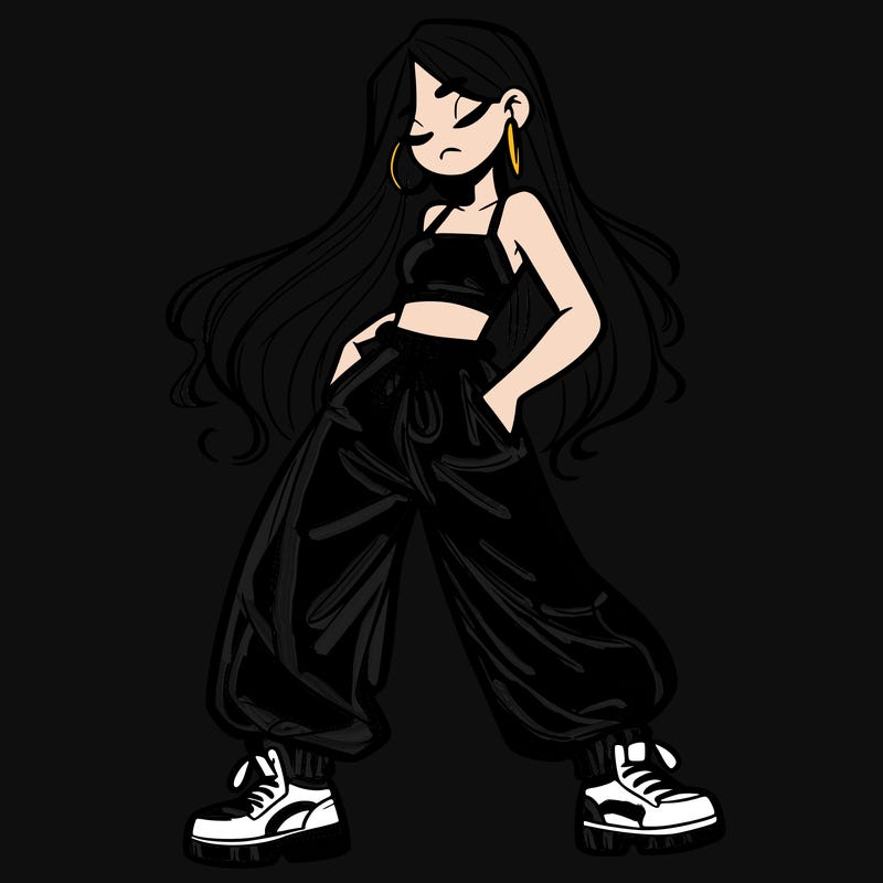 girl in baggy pants crop top and long hair