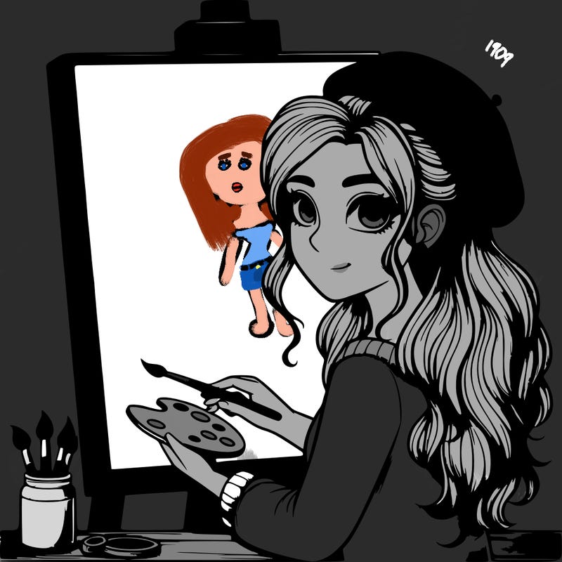 realistic girl artist painting a blank canvas