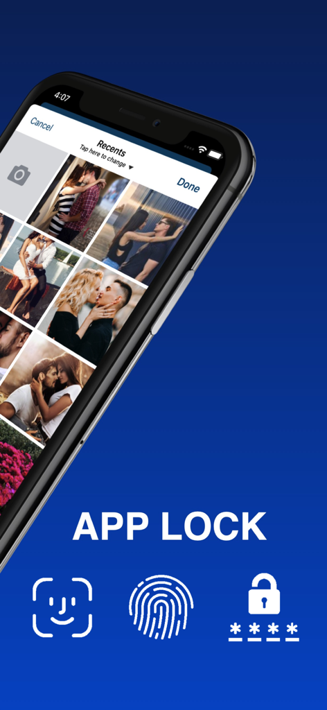 Vault app lock screen showing biometric and passcode security options for private media