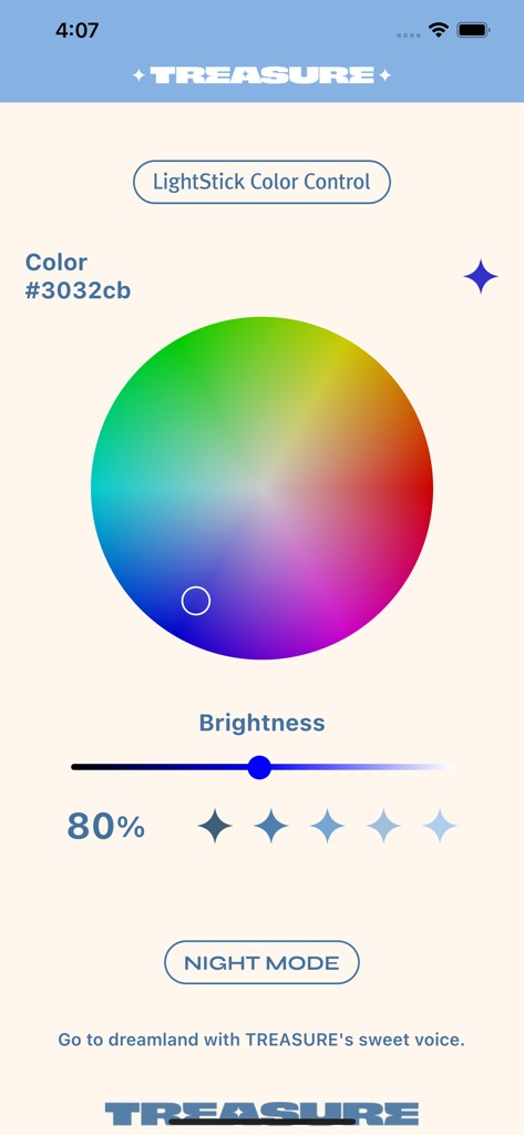 TREASURE LIGHT STICK - Treasure light stick app interface showing a color wheel and brightness slider for customization.