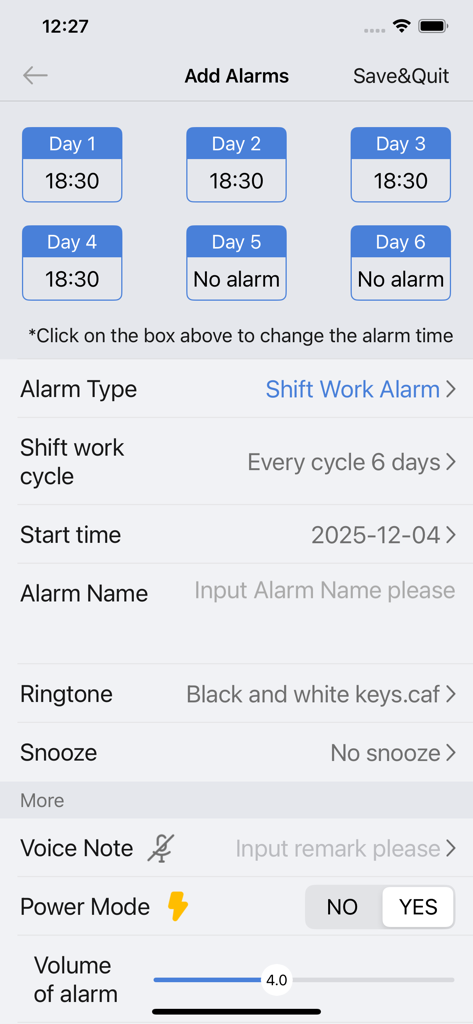 OK Alarm: Holiday & Shift Work - Custom shift work alarm schedule interface with a 6-day cycle