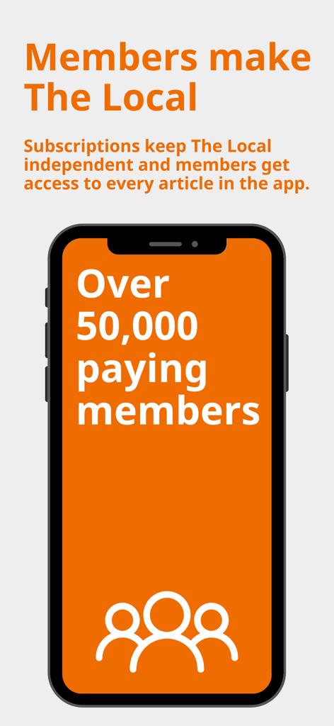 A promotional screen for The Local news app highlighting its community of over 50,000 paying members and the benefits of a subscription.