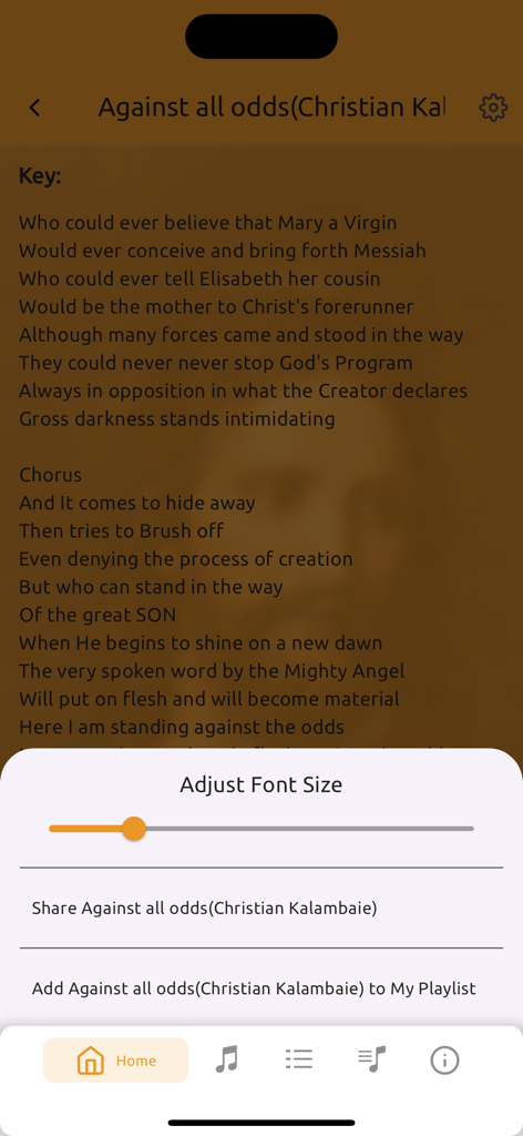 Hymn lyrics with font size adjustment slider in the Spoken Word Songbook app