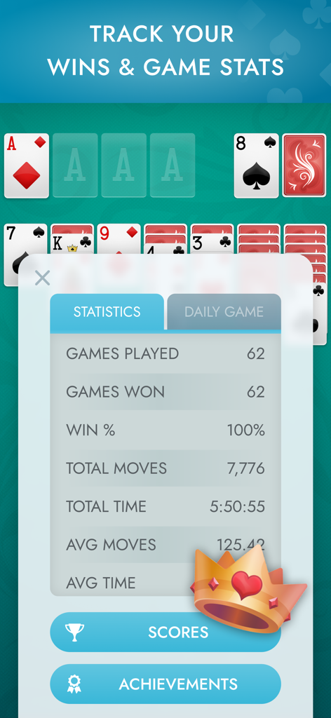 Solitaire game statistics screen showing win rate and player progress