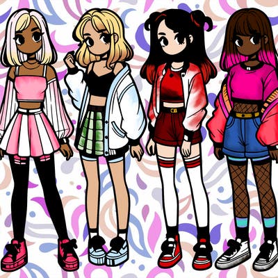 one girl with crop-top shirt and a jacket with a skirt, long socks and another girl with a shirt and pants with a jacket