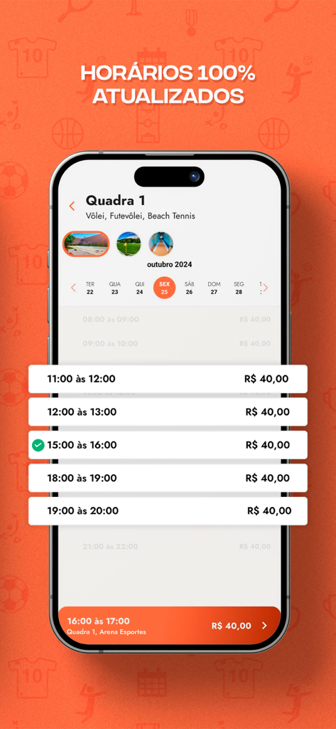 Agendei Quadras - Tela de smartphone do app Agendei Quadras mostrando a disponibilidade e os preços das quadras esportivas