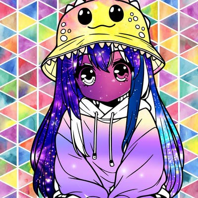 girl with anime shaped eyes with a dinosaur bucket hat oversized sweatshirt long straight hair