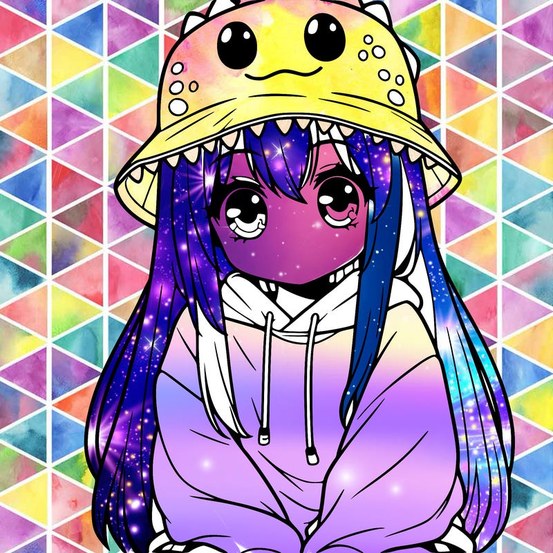 girl with anime shaped eyes with a dinosaur bucket hat oversized sweatshirt long straight hair