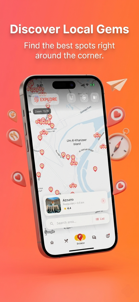 Savr: Find Restaurants & Cafes - Mobile app interface showing a map with pins for local restaurants and cafes and the text Discover Local Gems