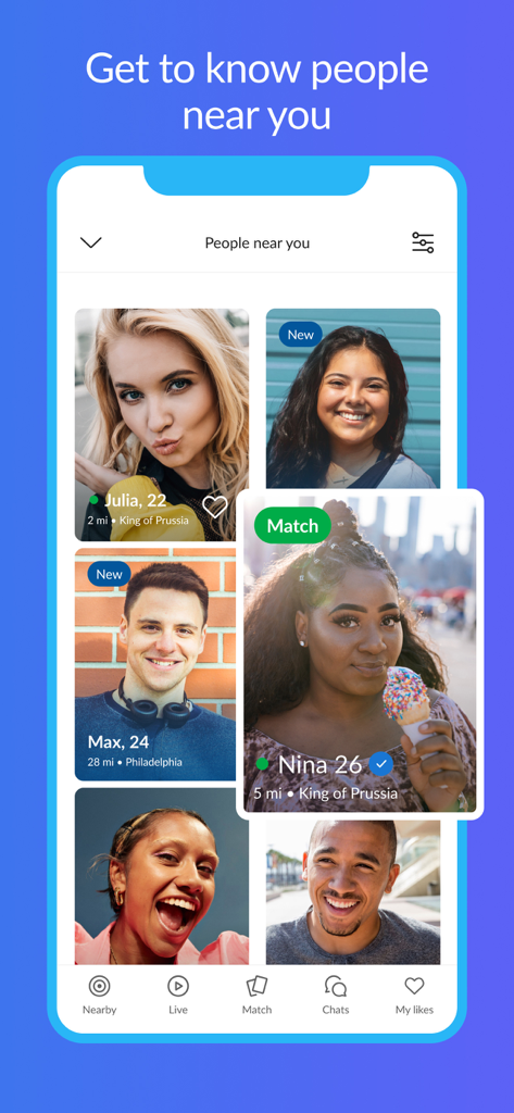 Skout Dating App & Live Chat - Interface of Skout dating app showing nearby user profiles and local matches.