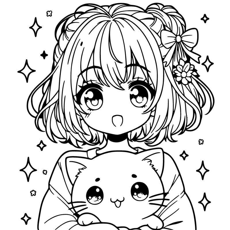 manga girl with kawaii cat
