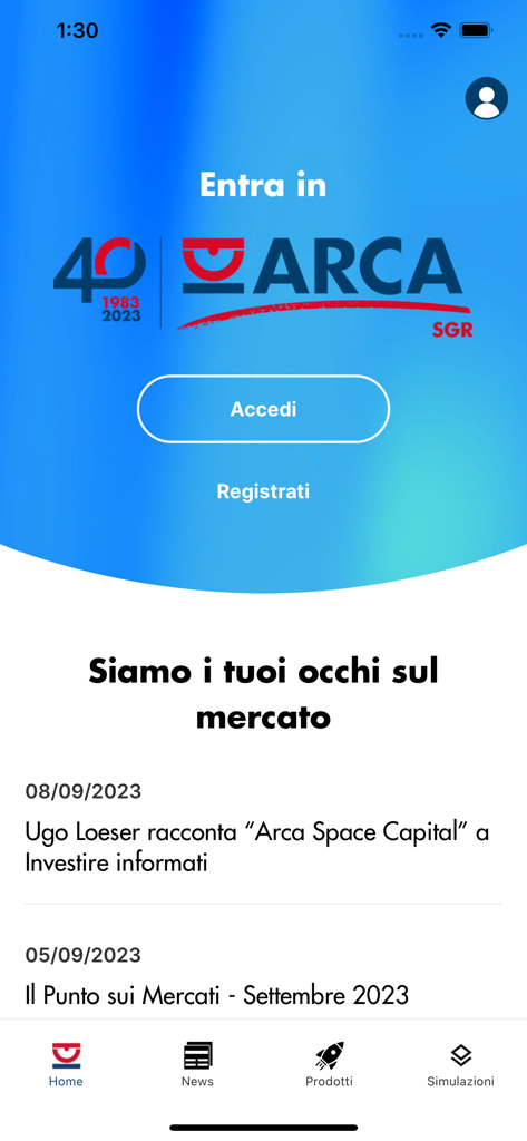 Arca Fondi - ログインボタンと投資ニュースが表示されたArca Fondiアプリのホーム画面