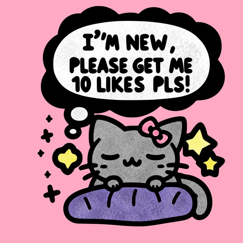 kitty taking a nap dream talking and saying "i'm new, please get me at least 10 likes pls!!"