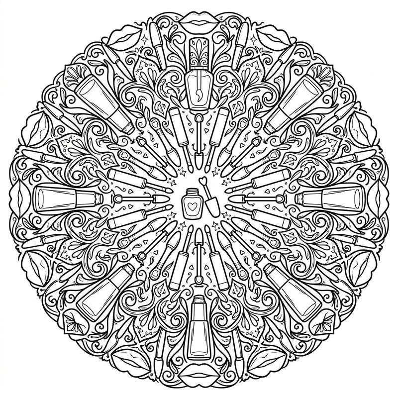 Unleash your inner glam with this beautiful Lip Gloss Mandala coloring page. Featuring symmetrical arrangements of lip gloss tubes and beauty elements, it's perfect for a relaxing and creative escape.