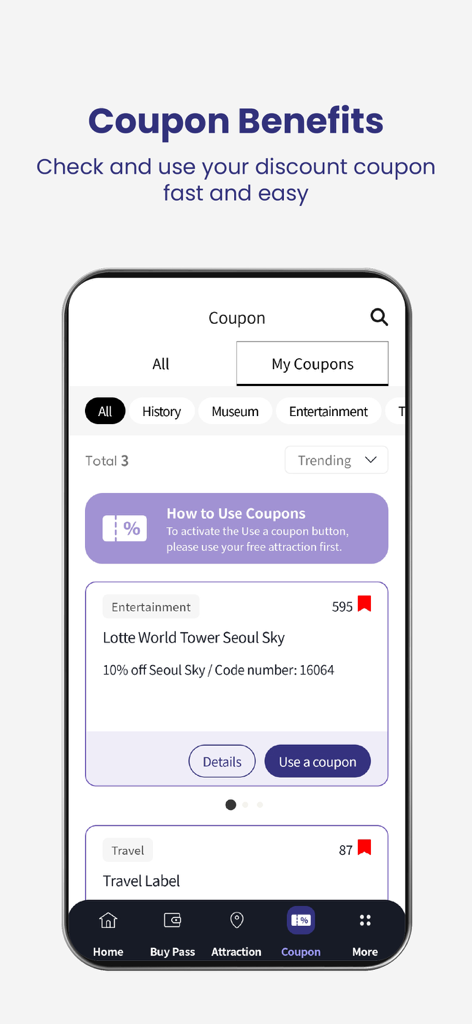 ロッテワールドタワーソウルスカイの割引が表示されたクーポン特典セクションを示すディスカバーソウルパスアプリのモバイルインターフェース