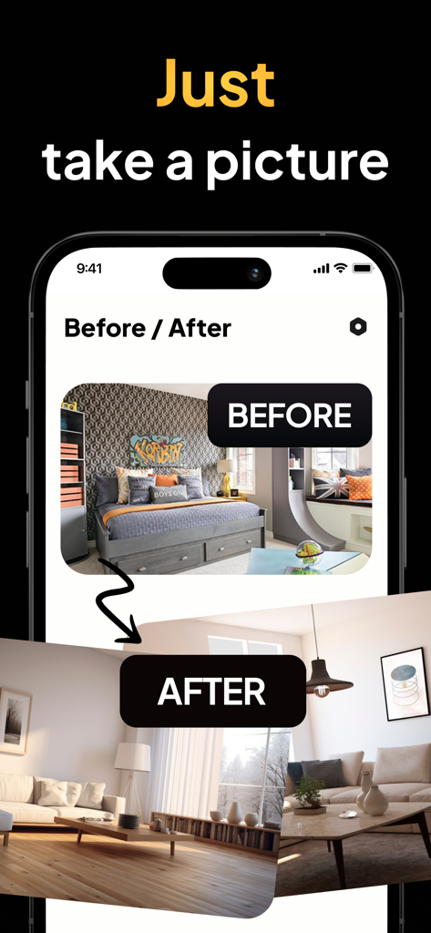 ReHome: AI Interior Design - Transformação de design de interiores antes e depois usando o aplicativo ReHome AI