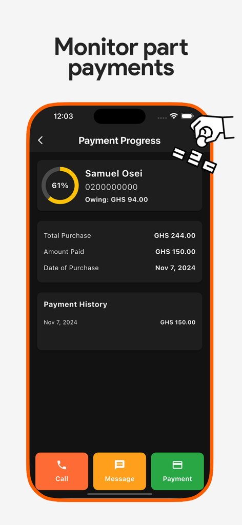 HotKiosk - Inventory & Sales - Tela do aplicativo móvel HotKiosk rastreando pagamentos parciais e progresso da dívida do cliente