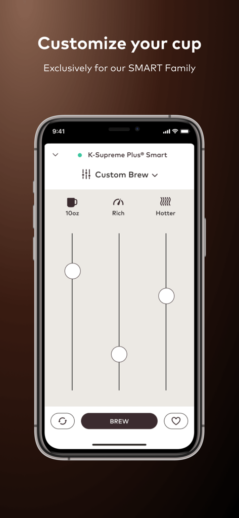 Keurig - Keurig app interface showing custom brew settings for cup size strength and temperature