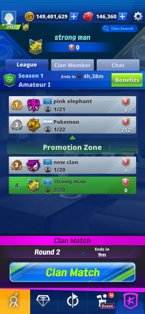 Golf Impact - Real Golf Game - Mobile game screen showing golf clan league rankings and competition options