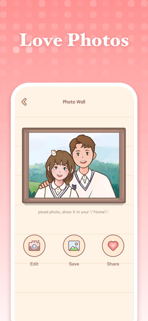 Love Days Counter - Love Home - A screenshot of the Love Photos feature showing a framed illustration of a couple with options to edit save and share