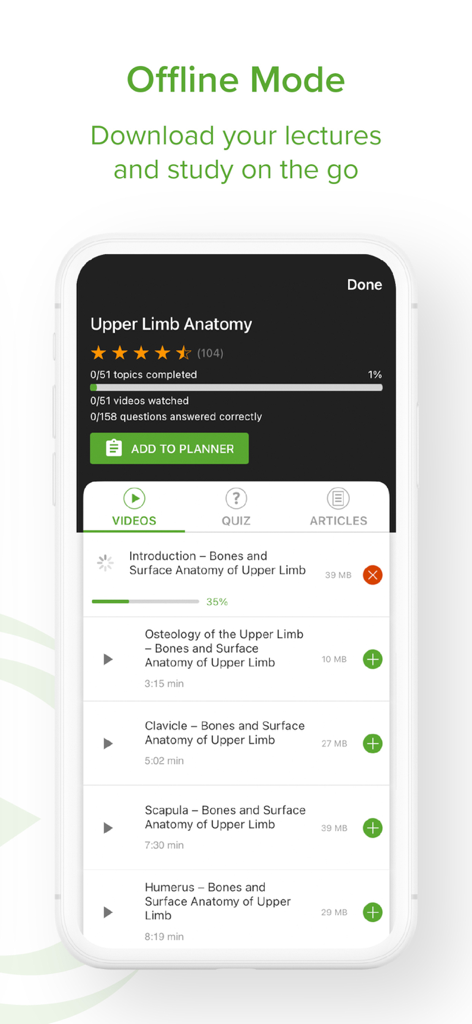 Schermo mobile che mostra le lezioni di anatomia medica pronte per lo studio offline nell'app Lecturio.