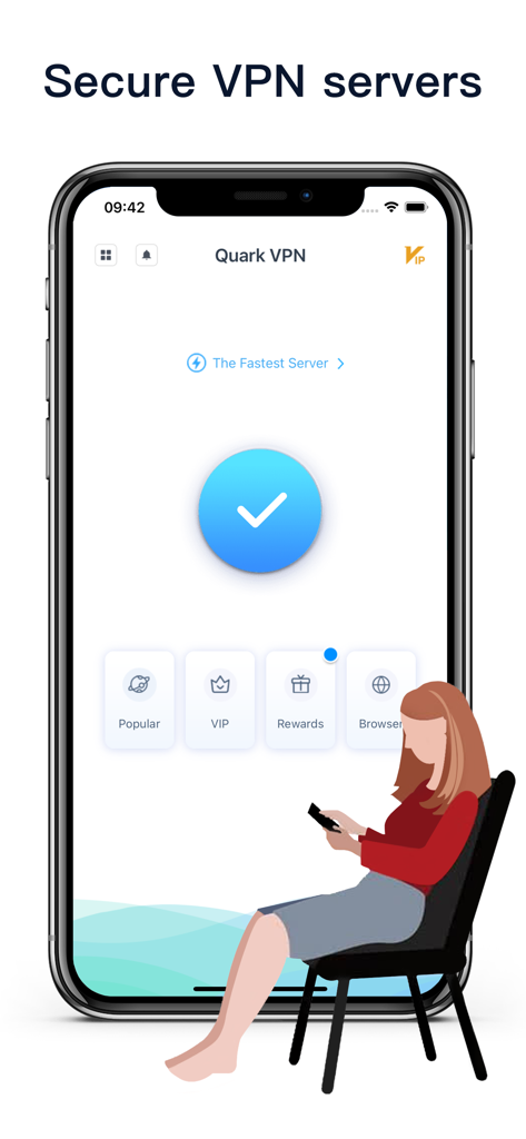 Speedy Quark VPN - VPN Proxy - Schermo di un telefono cellulare che visualizza l'interfaccia dell'app Speedy Quark VPN con un pulsante di connessione sicura e icone di navigazione