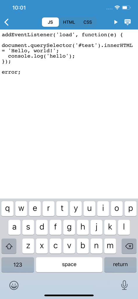 JavaScript Anywhere JSAnywhere - JavaScript code editor interface in the JavaScript Anywhere mobile app