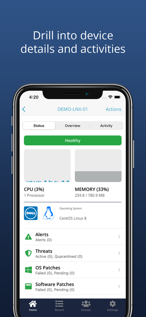 장치 상태 메트릭 및 서버 상태 정보를 표시하는 NinjaOne Mobile 앱 화면