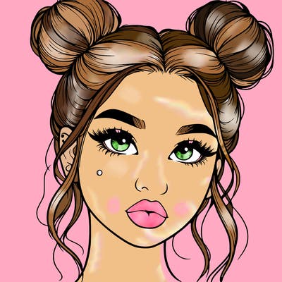 realistic girl with two buns on her hair and lips