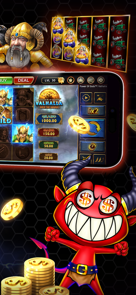 Lucky Eagle Play - Slots Games - Lucky Eagle Play app showing Valhalla slot game on a smartphone screen with a red devil character and stacks of coins