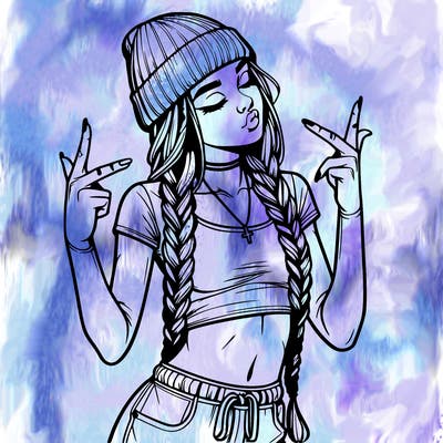 realistic teenage girl with braids and a beanie and crop top doing 🫶🏼