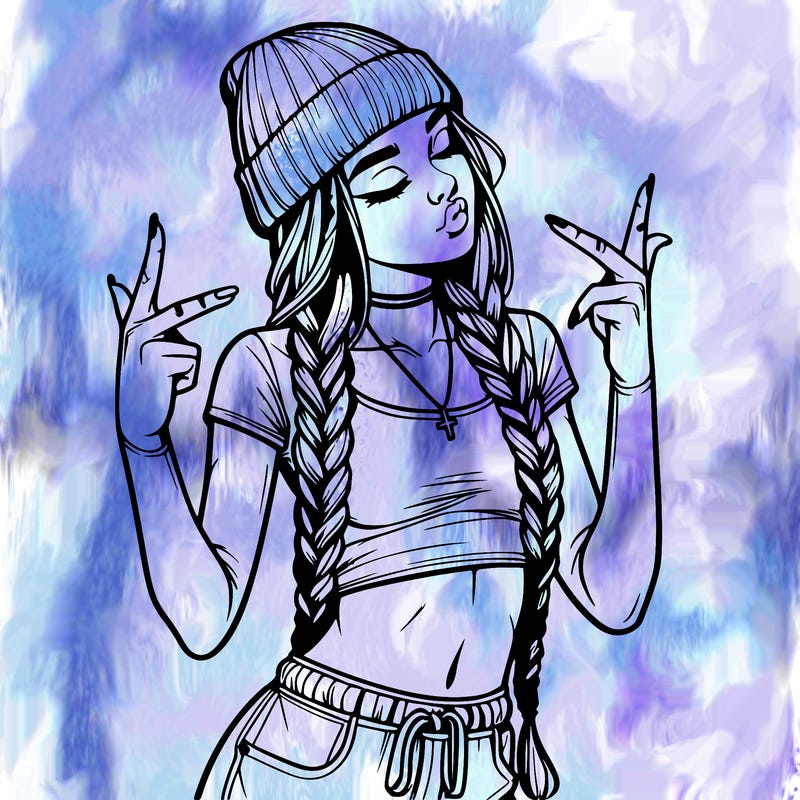 realistic teenage girl with braids and a beanie and crop top doing 🫶🏼