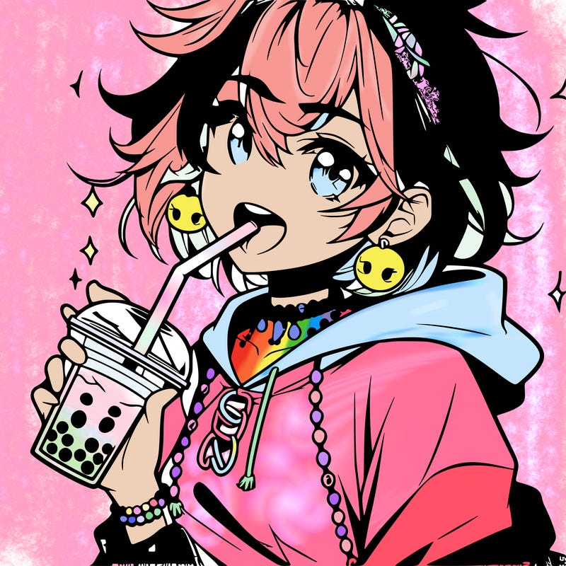 hot baddie anime girl drinking boba and biting the straw