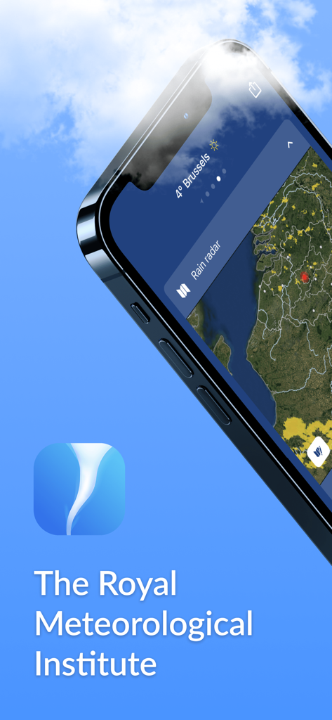 La interfaz de la aplicación meteorológica KMI-IRM en un teléfono inteligente que muestra el radar de lluvia para Bélgica