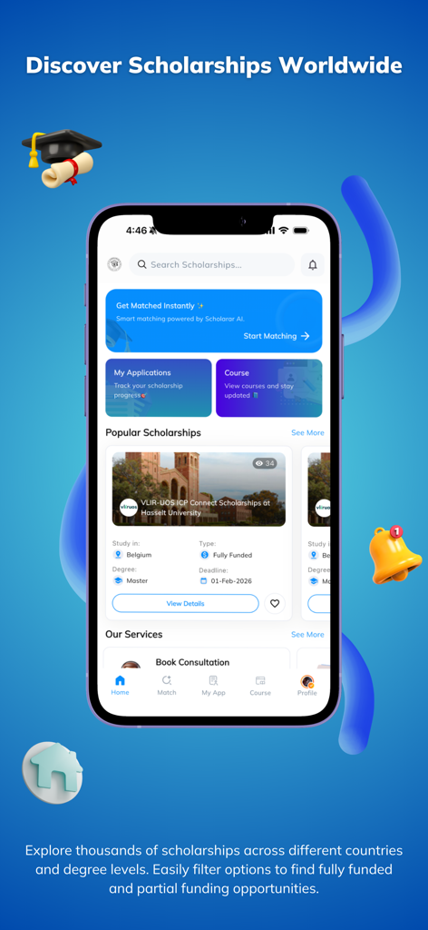 Scholarar - Scholarship App - Scholarar mobile app interface showing a list of global scholarship opportunities and AI powered matching tools