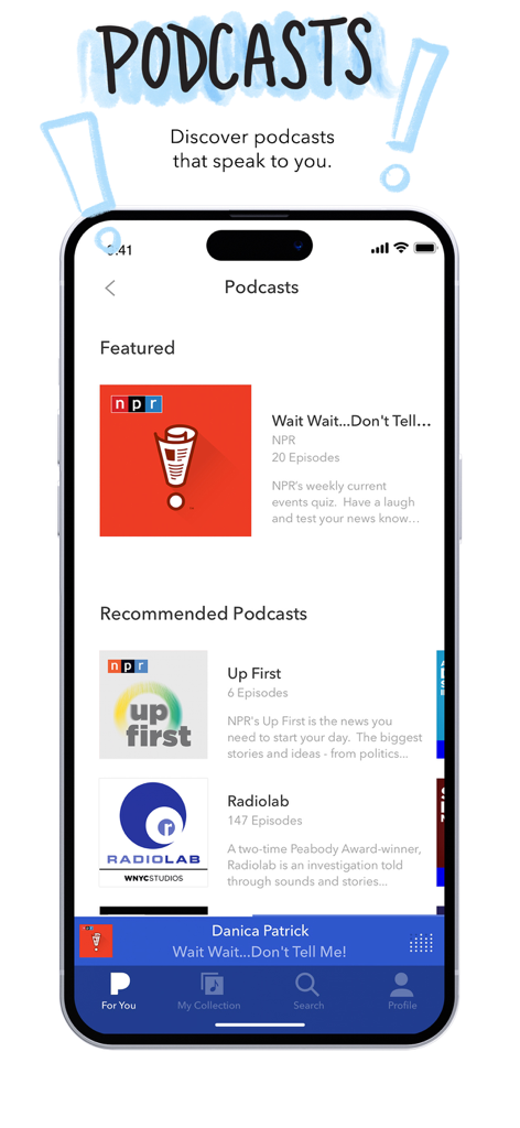 Pandora app podcasts discovery screen with featured and recommended shows