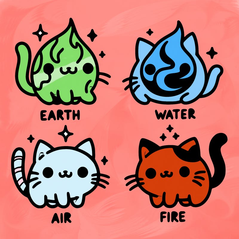 4 cats that represent the different elements, earth, water, air, and fire