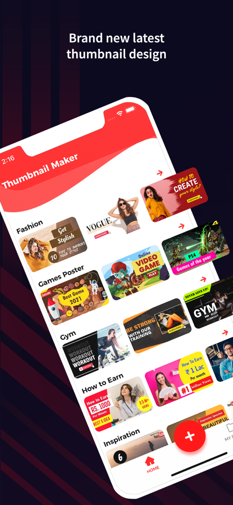 YT Thumbnail Maker - YT Thumbnail Maker App-Oberfläche mit verschiedenen Thumbnail-Vorlagen für Mode-, Gaming- und Fitnessvideos
