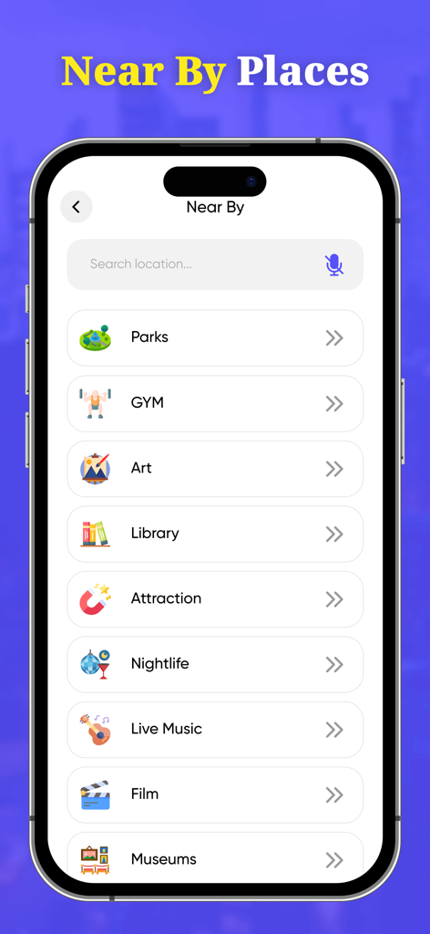 Change Location & Save GPS - Smartphone screen showing a list of nearby place categories such as parks, gyms, and libraries within the Change Location and Save GPS app.